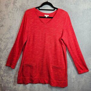 J. Jill Long Sleeve Tunic Top Womens M bold Red V-Neck Pockets casual athleisure